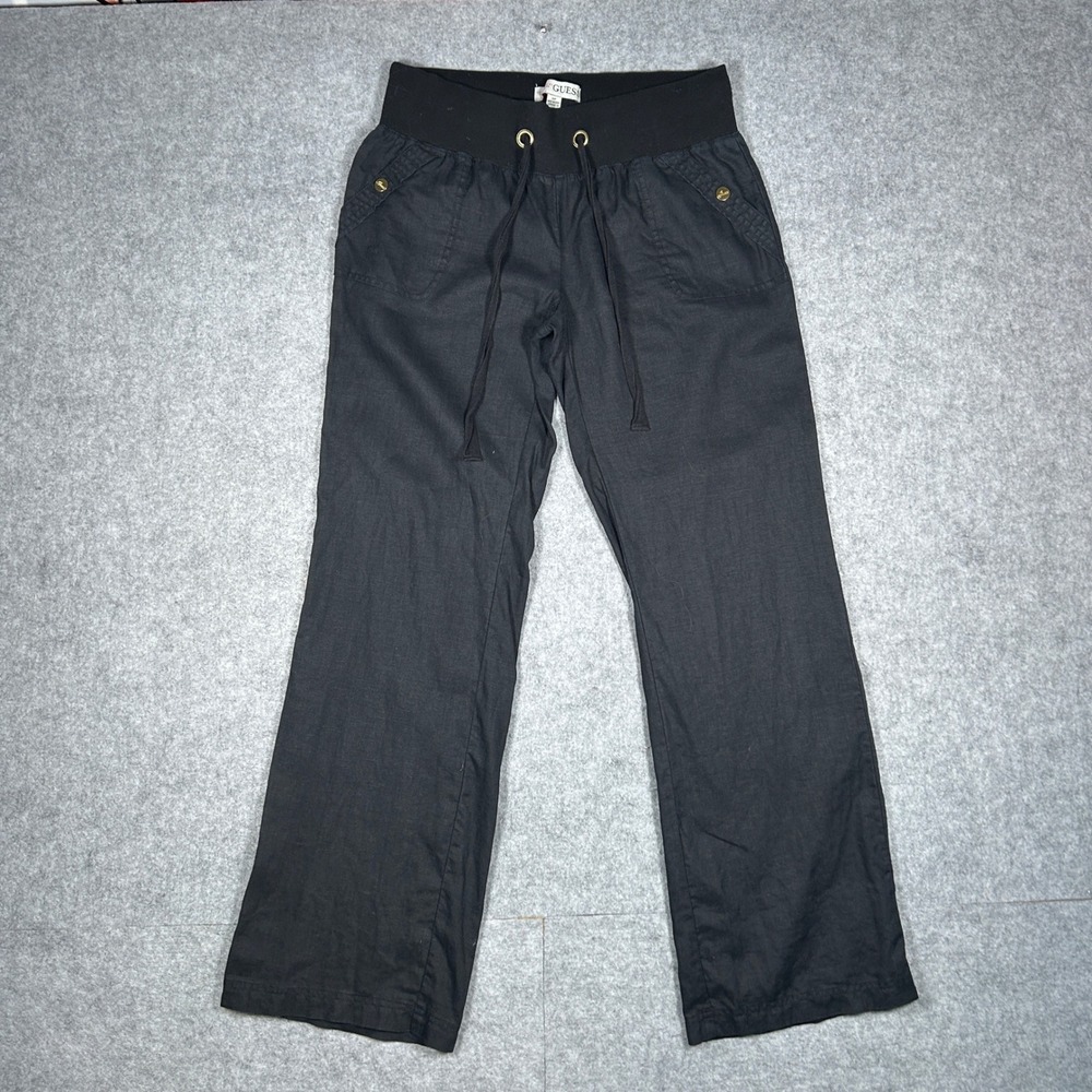 Guess Linen Pants Womens Small Black Wide Leg flared Boho Beach waistband